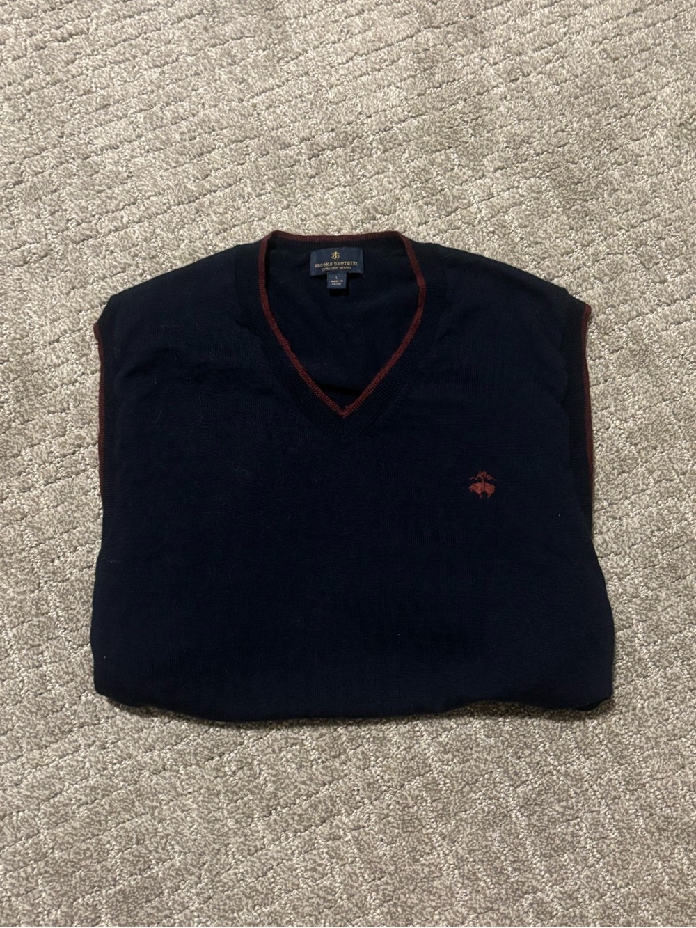 Brooks Brothers | Navy V-Neck Sweater Vest with Red Trim | Men’s Size L